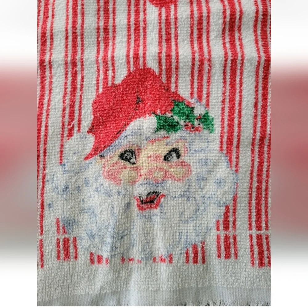 Vintage R.A. Briggs Christmas Bath Hand Towels Set 3 Santa Face Striped Fringe